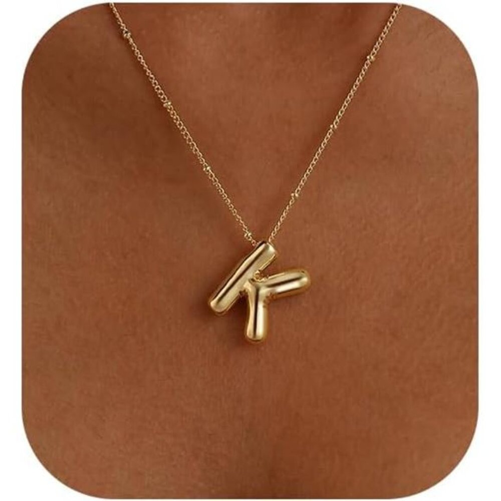 14K Gold Plated Bubble Letter Necklace Initial Pendant Chunky Custom Name Jewelr